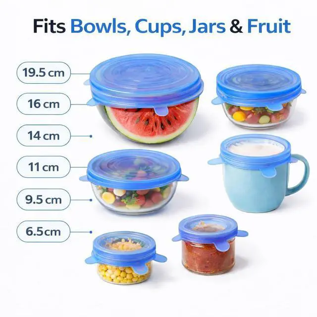 Alt view image 3 of 7 - Premium Reusable Silicone Stretch Lids Set 12 Pack (6 Round Blue + 6 Rectangle White) BPA-Free, Airtight & Leakproof Bowl Covers + 500ml Silicone Bag, Funnel & Brush
