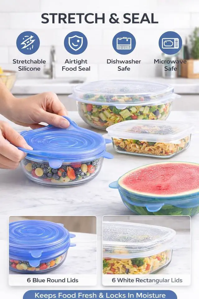 Alt view image 5 of 7 - Premium Reusable Silicone Stretch Lids Set 12 Pack (6 Round Blue + 6 Rectangle White) BPA-Free, Airtight & Leakproof Bowl Covers + 500ml Silicone Bag, Funnel & Brush