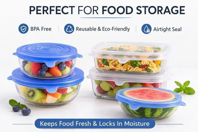 Alt view image 6 of 7 - Premium Reusable Silicone Stretch Lids Set 12 Pack (6 Round Blue + 6 Rectangle White) BPA-Free, Airtight & Leakproof Bowl Covers + 500ml Silicone Bag, Funnel & Brush