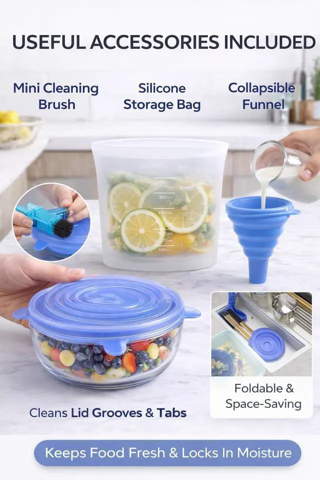 Alt view image 7 of 7 - Premium Reusable Silicone Stretch Lids Set 12 Pack (6 Round Blue + 6 Rectangle White) BPA-Free, Airtight & Leakproof Bowl Covers + 500ml Silicone Bag, Funnel & Brush
