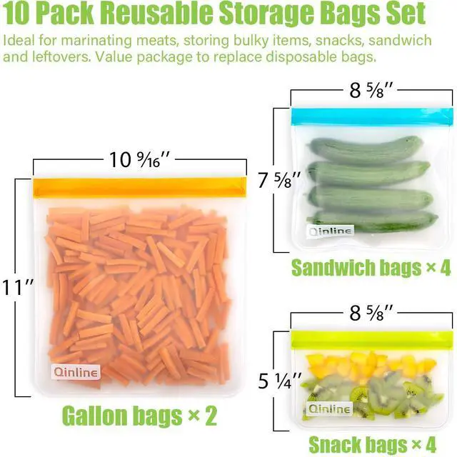 Alt view image 3 of 7 - Reusable Storage Bags - 10 Pack BPA FREE Freezer Bags(2 Reusable Gallon Bags + 4 Leakproof Reusable Sandwich Bags + 4 THICK Reusable Snack Bags) Ziplock Lunch Bags for Food Marinate Meat Fruit Cereal