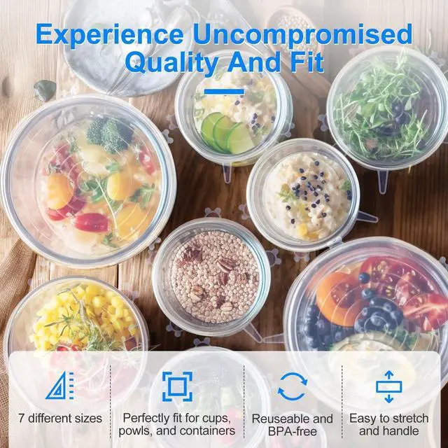 Alt view image 4 of 7 - 14 PCS Reusable Premium Silicone Stretch Lids for Food Storage, Flexible Elastic Heat-Resistant Silicone Bowl Covers, Cups, Cans, 7 Different Sizes, Keep Food Fresh