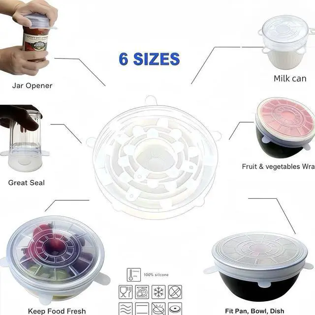 Alt view image 6 of 7 - Reusable Elastic Silicone Stretch Lids, for Food Storage in Fridge|Heat Flexible Round Silicone Bowl Covers,for Round and Rectangle Containers 6PC