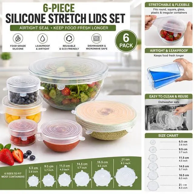 Alt view image 2 of 7 - 6-Pack Silicone Stretch Lids Set Premium Reusable Leakproof Food Covers for Bowls, Cups, Jars & Containers | BPA-Free Flexible Kitchen Storage Solution