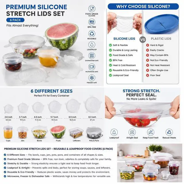 Alt view image 3 of 7 - 6-Pack Silicone Stretch Lids Set Premium Reusable Leakproof Food Covers for Bowls, Cups, Jars & Containers | BPA-Free Flexible Kitchen Storage Solution