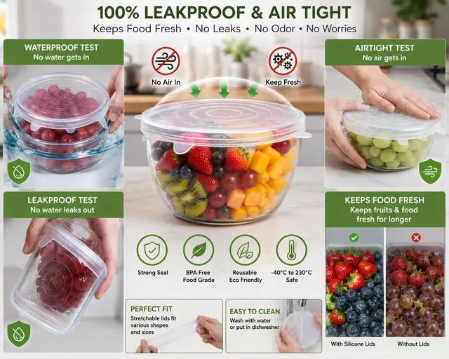 Alt view image 4 of 7 - 6-Pack Silicone Stretch Lids Set Premium Reusable Leakproof Food Covers for Bowls, Cups, Jars & Containers | BPA-Free Flexible Kitchen Storage Solution
