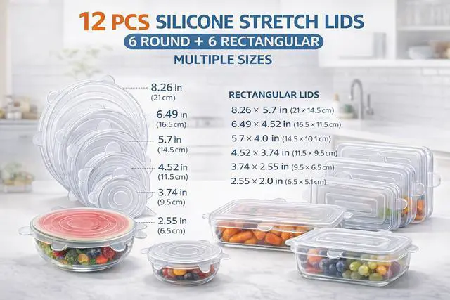 Alt view image 2 of 7 - Reusable Silicone Food Covers 12-Pack Round & Rectangular Lids | BPA-Free, Eco-Friendly, Airtight Seal for Bowls, Containers & Fruits | Microwave & Dishwasher Safe