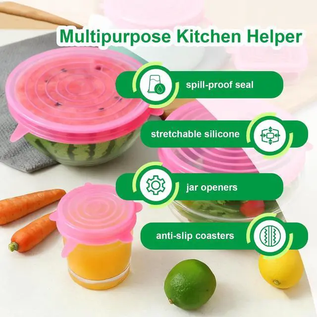 Alt view image 3 of 6 - Silicone Stretch Lids 6 Pack Reusable Food Covers,Flexible Silicone for Bowls, Containers, Fruits Airtight & Leakproof Seal for Kitchen Storage(pink)
