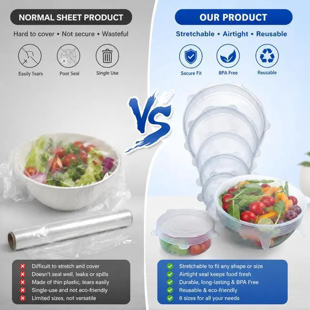 Alt view image 2 of 7 - Reusable Silicone Stretch Lids, 6-Piece Food Storage Covers, Airtight & Leakproof Silicone Bowl Covers, BPA-Free, Microwave, Freezer & Dishwasher Safe for Bowls, Cups & Containers