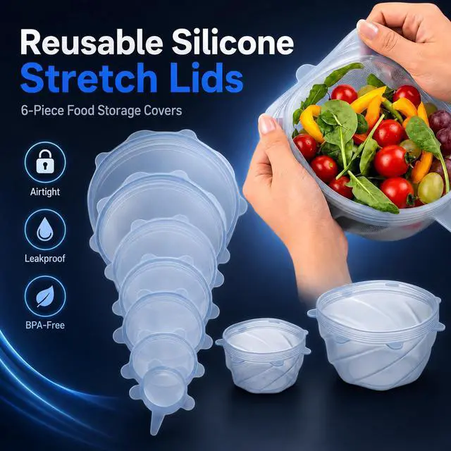 Alt view image 5 of 7 - Reusable Silicone Stretch Lids, 6-Piece Food Storage Covers, Airtight & Leakproof Silicone Bowl Covers, BPA-Free, Microwave, Freezer & Dishwasher Safe for Bowls, Cups & Containers
