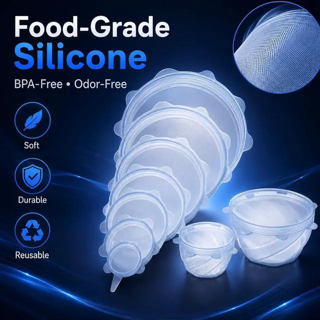 Alt view image 6 of 7 - Reusable Silicone Stretch Lids, 6-Piece Food Storage Covers, Airtight & Leakproof Silicone Bowl Covers, BPA-Free, Microwave, Freezer & Dishwasher Safe for Bowls, Cups & Containers