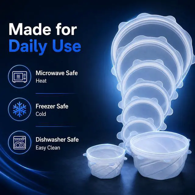 Alt view image 7 of 7 - Reusable Silicone Stretch Lids, 6-Piece Food Storage Covers, Airtight & Leakproof Silicone Bowl Covers, BPA-Free, Microwave, Freezer & Dishwasher Safe for Bowls, Cups & Containers