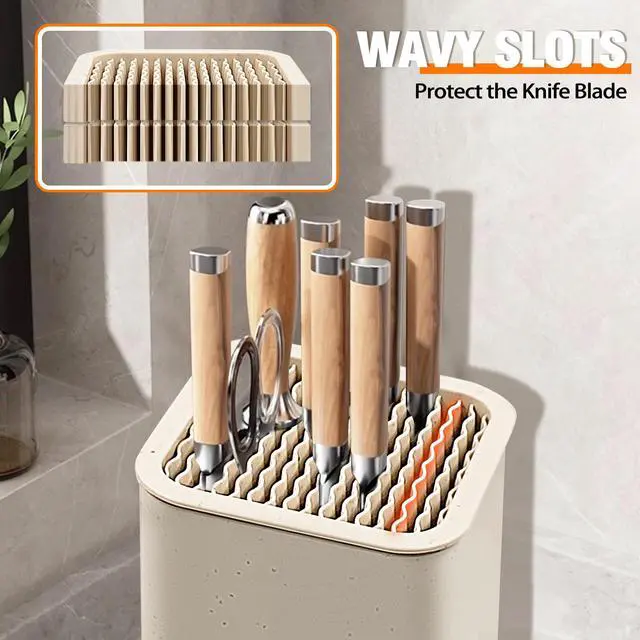 Alt view image 3 of 6 - Knife Block Holder without Knives, Universal Kitchen Storage Stand with Wavy Slots to Protect Blades, Small Space-Saving Knife Organizer for Countertop, Detachable for Easy Cleaning