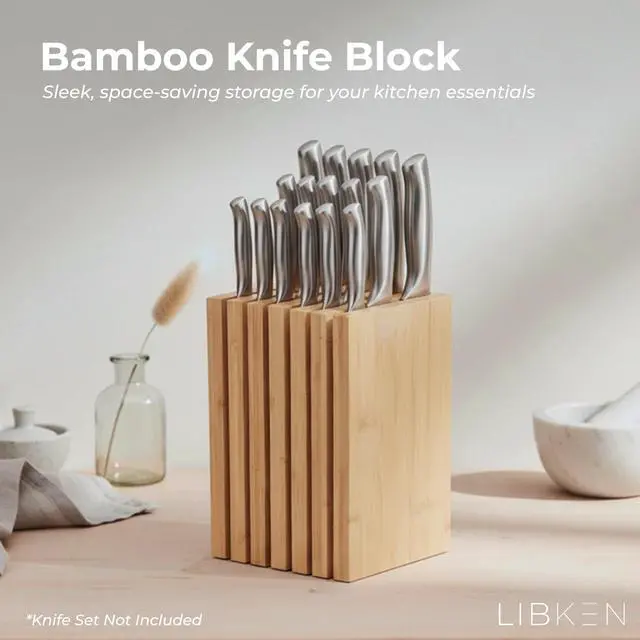 Alt view image 2 of 7 - Bamboo Knife Block Minimal Scandinavian Design, Universal Knife Holder with 6 Slots for Up to 18 Knives Fits Paring, Chef, Steak, Butcher Knives & Scissors, Countertop Knife Block