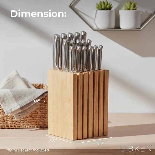 Alt view image 3 of 7 - Bamboo Knife Block Minimal Scandinavian Design, Universal Knife Holder with 6 Slots for Up to 18 Knives Fits Paring, Chef, Steak, Butcher Knives & Scissors, Countertop Knife Block