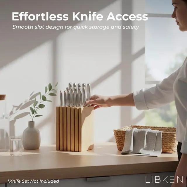 Alt view image 4 of 7 - Bamboo Knife Block Minimal Scandinavian Design, Universal Knife Holder with 6 Slots for Up to 18 Knives Fits Paring, Chef, Steak, Butcher Knives & Scissors, Countertop Knife Block