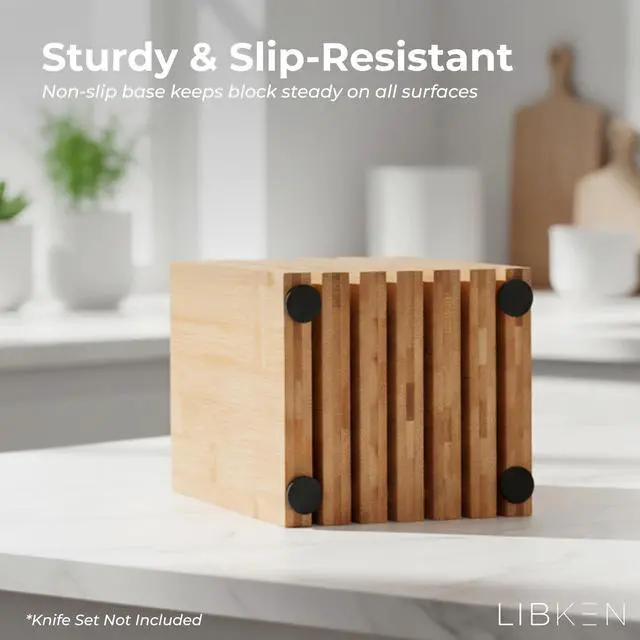 Alt view image 5 of 7 - Bamboo Knife Block Minimal Scandinavian Design, Universal Knife Holder with 6 Slots for Up to 18 Knives Fits Paring, Chef, Steak, Butcher Knives & Scissors, Countertop Knife Block
