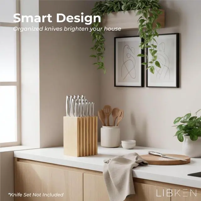Alt view image 7 of 7 - Bamboo Knife Block Minimal Scandinavian Design, Universal Knife Holder with 6 Slots for Up to 18 Knives Fits Paring, Chef, Steak, Butcher Knives & Scissors, Countertop Knife Block