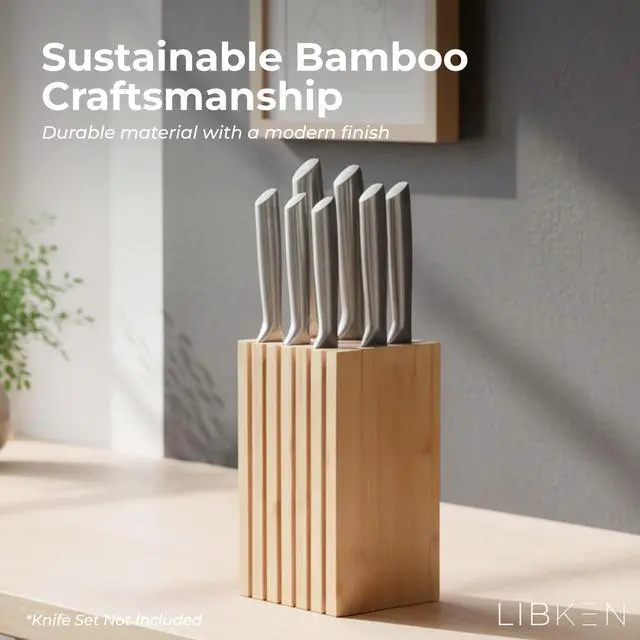 Alt view image 6 of 7 - Bamboo Knife Block Minimal Scandinavian Design, Universal Knife Holder with 6 Slots for Up to 18 Knives Fits Paring, Chef, Steak, Butcher Knives & Scissors, Countertop Knife Block