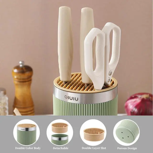 Alt view image 3 of 7 - Knife Block without Knives, Universal Round Knife Block Holder, Spacing Saving Knife Storage Organizer Stand Rack for Countertop (Stylish Green+Yellow Color)