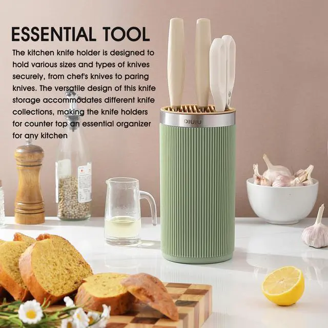Alt view image 7 of 7 - Knife Block without Knives, Universal Round Knife Block Holder, Spacing Saving Knife Storage Organizer Stand Rack for Countertop (Stylish Green+Yellow Color)