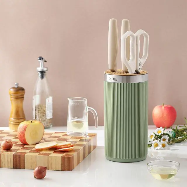 Alt view image 5 of 7 - Knife Block without Knives, Universal Round Knife Block Holder, Spacing Saving Knife Storage Organizer Stand Rack for Countertop (Stylish Green+Yellow Color)
