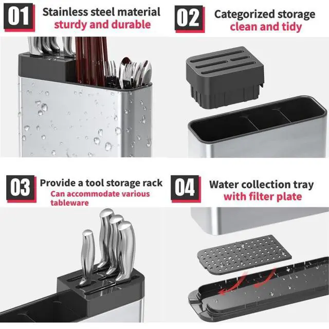 Alt view image 5 of 5 - Universal Knife Block, Stainless Steel Universal Knife Holder Block Without Knives, Modern Kitchen Knife Storage Organizer for Countertop