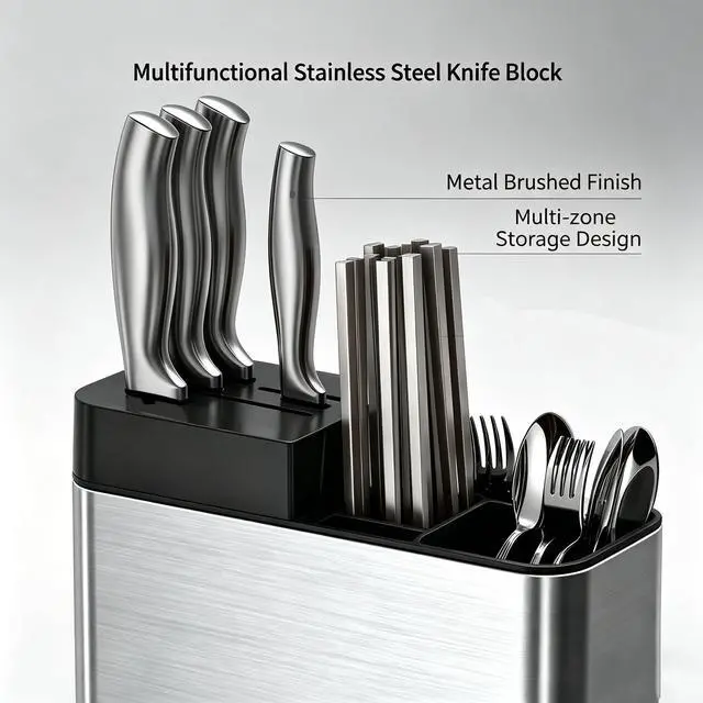 Alt view image 3 of 5 - Universal Knife Block, Stainless Steel Universal Knife Holder Block Without Knives, Modern Kitchen Knife Storage Organizer for Countertop