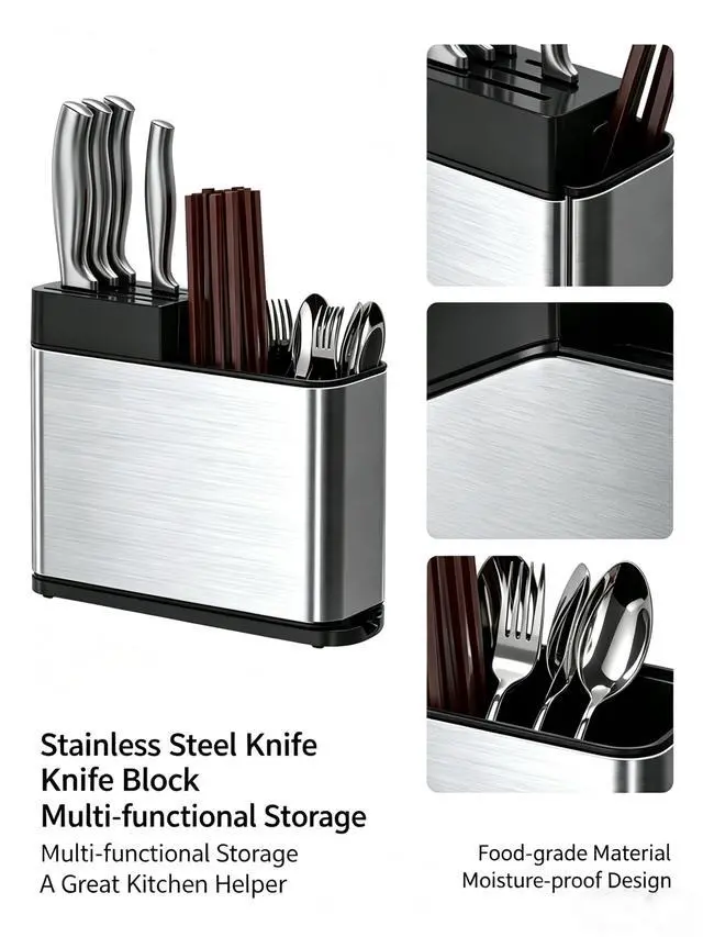 Alt view image 4 of 5 - Universal Knife Block, Stainless Steel Universal Knife Holder Block Without Knives, Modern Kitchen Knife Storage Organizer for Countertop