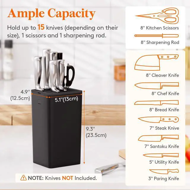 Alt view image 2 of 7 - Knife Block without Knives, Plastic Universal Knife Block Holder with Detachable Slots, Hold Up to 15 Knives, Scissors, and Sharpening Rods, Kitchen Storage Organizer for Counter, Black