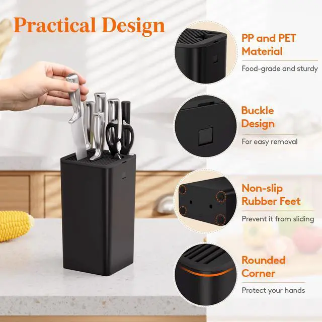 Alt view image 7 of 7 - Knife Block without Knives, Plastic Universal Knife Block Holder with Detachable Slots, Hold Up to 15 Knives, Scissors, and Sharpening Rods, Kitchen Storage Organizer for Counter, Black
