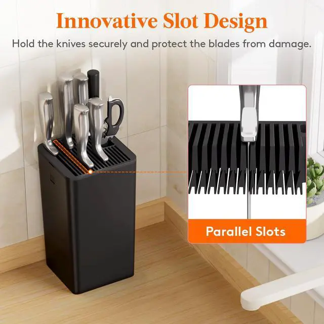 Alt view image 6 of 7 - Knife Block without Knives, Plastic Universal Knife Block Holder with Detachable Slots, Hold Up to 15 Knives, Scissors, and Sharpening Rods, Kitchen Storage Organizer for Counter, Black