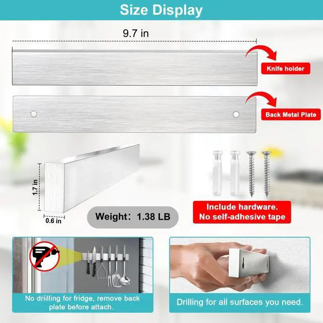 Alt view image 3 of 6 - Magnetic Knife Holder for Wall, Knife Magnetic Strip Magnetic Knife Holder for Refrigerator Mount Knife Rack Kitchen Utensil Holder Metal Tool Holder Knife Block Kitchen Organizer Accessories 9.7 Inch