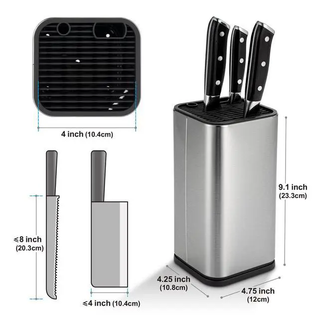 Alt view image 2 of 6 - Universal Knife Block, Knife Holder without Knives, Stainless Steel Knife Storage Block for 3.5" to 8" Knives, with Slots for Scissors and Sharpening Rod,for Kitchen Counter