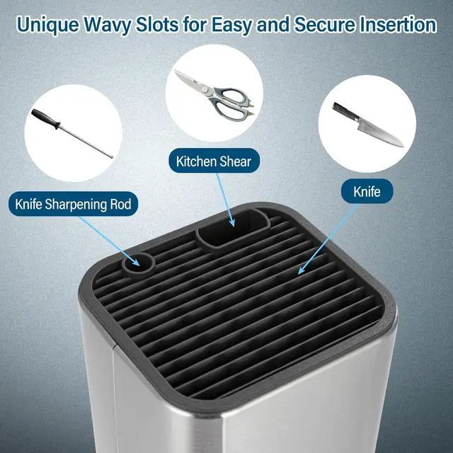 Alt view image 3 of 6 - Universal Knife Block, Knife Holder without Knives, Stainless Steel Knife Storage Block for 3.5" to 8" Knives, with Slots for Scissors and Sharpening Rod,for Kitchen Counter