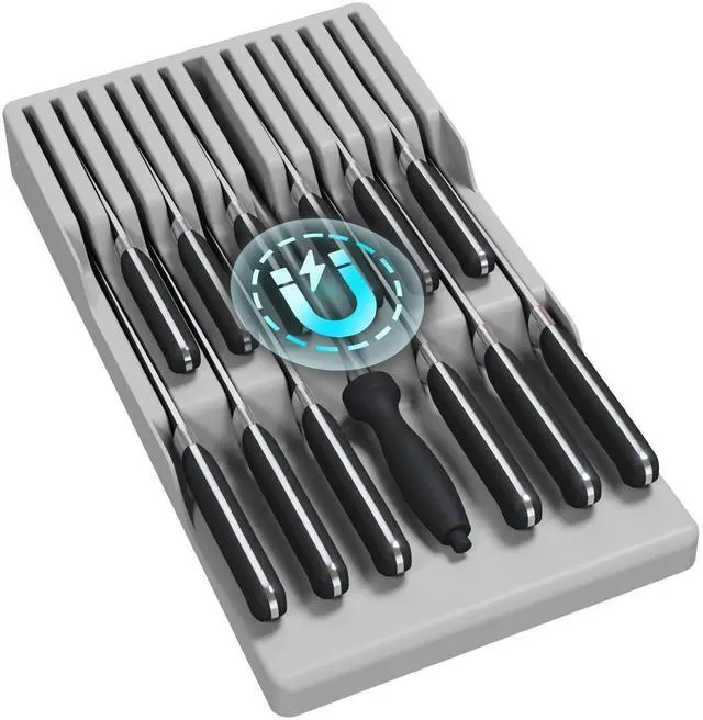 Main image of Magnetic Drawer Knife Organizers Insert, Kitchen Plastic In Drawer Knife Block Slots, Steak Chefs Knives Holder Storage Sets for 12 Knives and 1 Sharpening Steel, Large, Gray