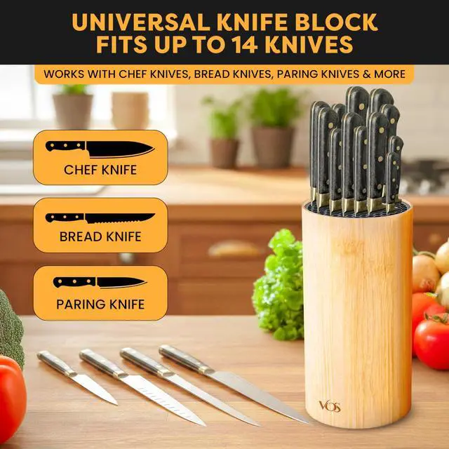 Alt view image 2 of 7 - Universal Knife Block - Countertop Knife Block Without Knives - Knife Holder with Non-Slip Base Sturdy Knife Organizer - Space Saving Knife Stand, Sleek & Modern Knife Rack - Bamboo