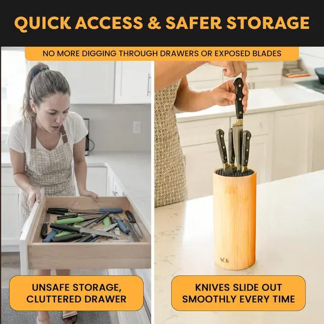 Alt view image 6 of 7 - Universal Knife Block - Countertop Knife Block Without Knives - Knife Holder with Non-Slip Base Sturdy Knife Organizer - Space Saving Knife Stand, Sleek & Modern Knife Rack - Bamboo
