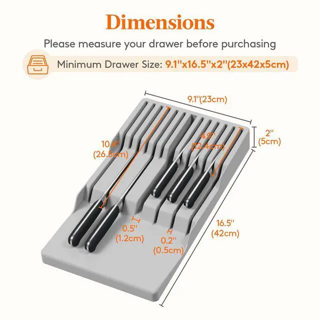Alt view image 2 of 7 - Magnetic Drawer Knife Organizers Insert, Kitchen Plastic In Drawer Knife Block Slots, Steak Chefs Knives Holder Storage Sets for 12 Knives and 1 Sharpening Steel, Large, Gray