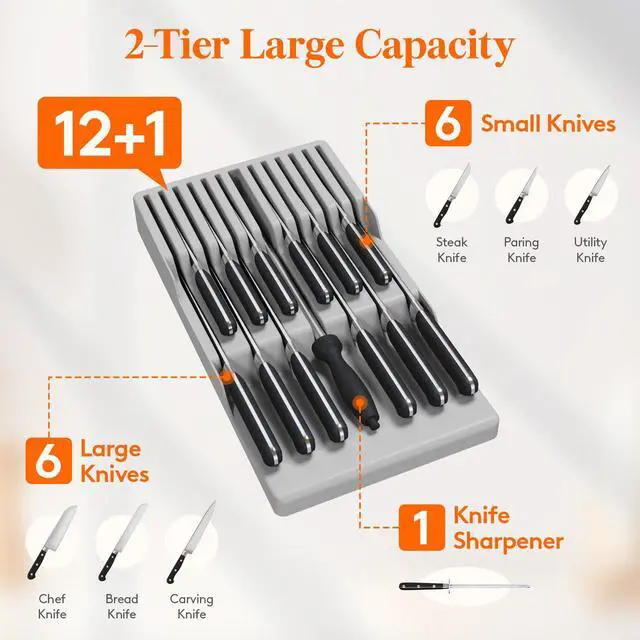 Alt view image 3 of 7 - Magnetic Drawer Knife Organizers Insert, Kitchen Plastic In Drawer Knife Block Slots, Steak Chefs Knives Holder Storage Sets for 12 Knives and 1 Sharpening Steel, Large, Gray