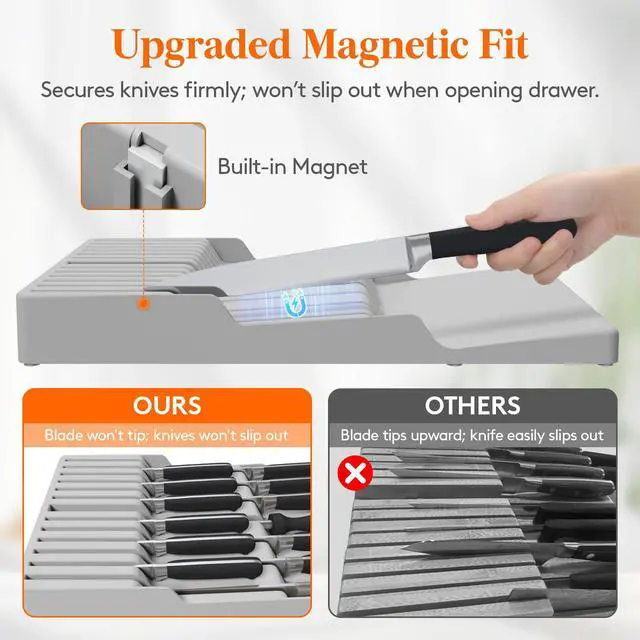 Alt view image 5 of 7 - Magnetic Drawer Knife Organizers Insert, Kitchen Plastic In Drawer Knife Block Slots, Steak Chefs Knives Holder Storage Sets for 12 Knives and 1 Sharpening Steel, Large, Gray