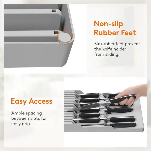 Alt view image 6 of 7 - Magnetic Drawer Knife Organizers Insert, Kitchen Plastic In Drawer Knife Block Slots, Steak Chefs Knives Holder Storage Sets for 12 Knives and 1 Sharpening Steel, Large, Gray