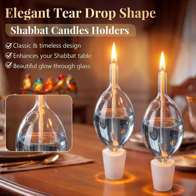 Alt view image 3 of 7 - 2 Pack Teardrop Glass Paraffin Oil Candle Holders with Wick Shabbat Candle Holders for Lamp Oil Elegant Glass Candles Holder Cups Fits Standard Candlesticks No-Mess Refill Shabbos Candles