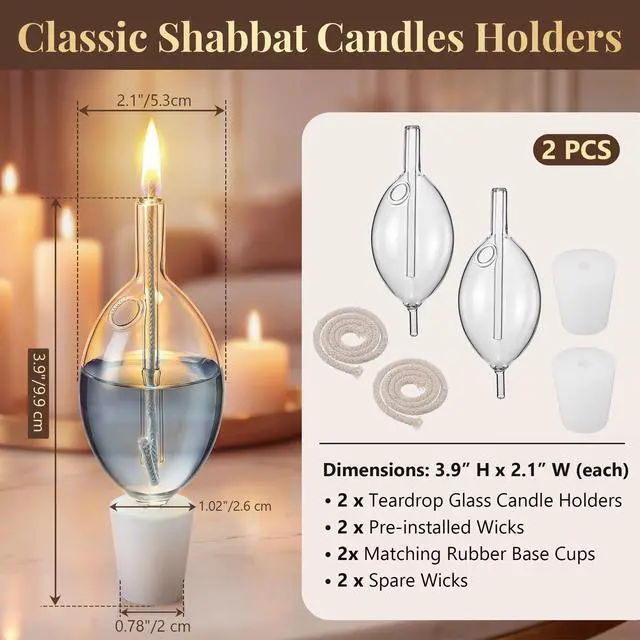 Alt view image 2 of 7 - 2 Pack Teardrop Glass Paraffin Oil Candle Holders with Wick Shabbat Candle Holders for Lamp Oil Elegant Glass Candles Holder Cups Fits Standard Candlesticks No-Mess Refill Shabbos Candles