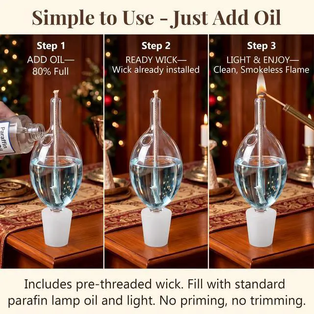 Alt view image 7 of 7 - 2 Pack Teardrop Glass Paraffin Oil Candle Holders with Wick Shabbat Candle Holders for Lamp Oil Elegant Glass Candles Holder Cups Fits Standard Candlesticks No-Mess Refill Shabbos Candles