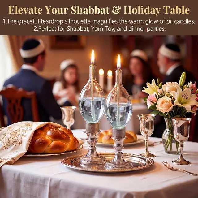 Alt view image 6 of 7 - 2 Pack Teardrop Glass Paraffin Oil Candle Holders with Wick Shabbat Candle Holders for Lamp Oil Elegant Glass Candles Holder Cups Fits Standard Candlesticks No-Mess Refill Shabbos Candles