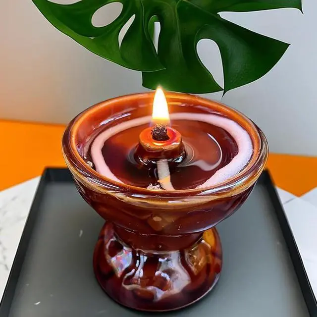 Alt view image 3 of 7 - Ceramic Vintage Oil Lamp Kerosene Lantern Oil Lamp Decorative Light Vintage Paraffin Antique Candle Holder for Living Room Ambient Light (2.67X2.67X2.36 Inch)