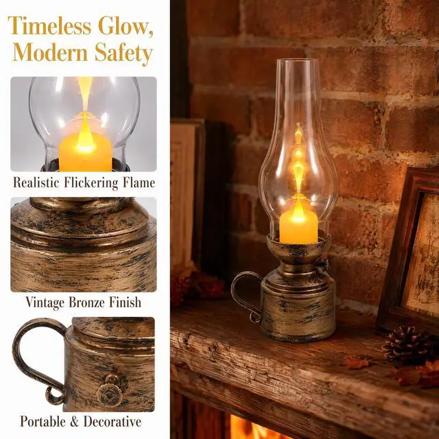 Alt view image 5 of 7 - 2Pcs Vintage LED Kerosene-Style Lamps, Flameless Electronic Candle Lanterns for Tabletop Decor, Retro Oil Lamp Look for Bedroom, Living Room, Parties, Emergency Lighting
