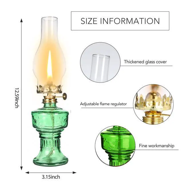 Alt view image 2 of 6 - Rustic Oil Lamp Lantern Vintage Green Glass Kerosene Lamp 12.5''Chamber Oil Lamps for Indoor Use Home Decor Classic Old Hurricane Oil Lamp for Emergency Lighting
