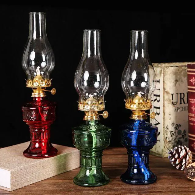 Alt view image 4 of 6 - Rustic Oil Lamp Lantern Vintage Green Glass Kerosene Lamp 12.5''Chamber Oil Lamps for Indoor Use Home Decor Classic Old Hurricane Oil Lamp for Emergency Lighting